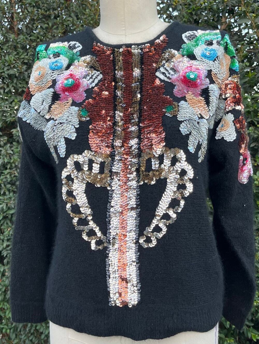 Vintage Marnie West Silk Angora Floral Sequins Black Soft Pullover Sweater